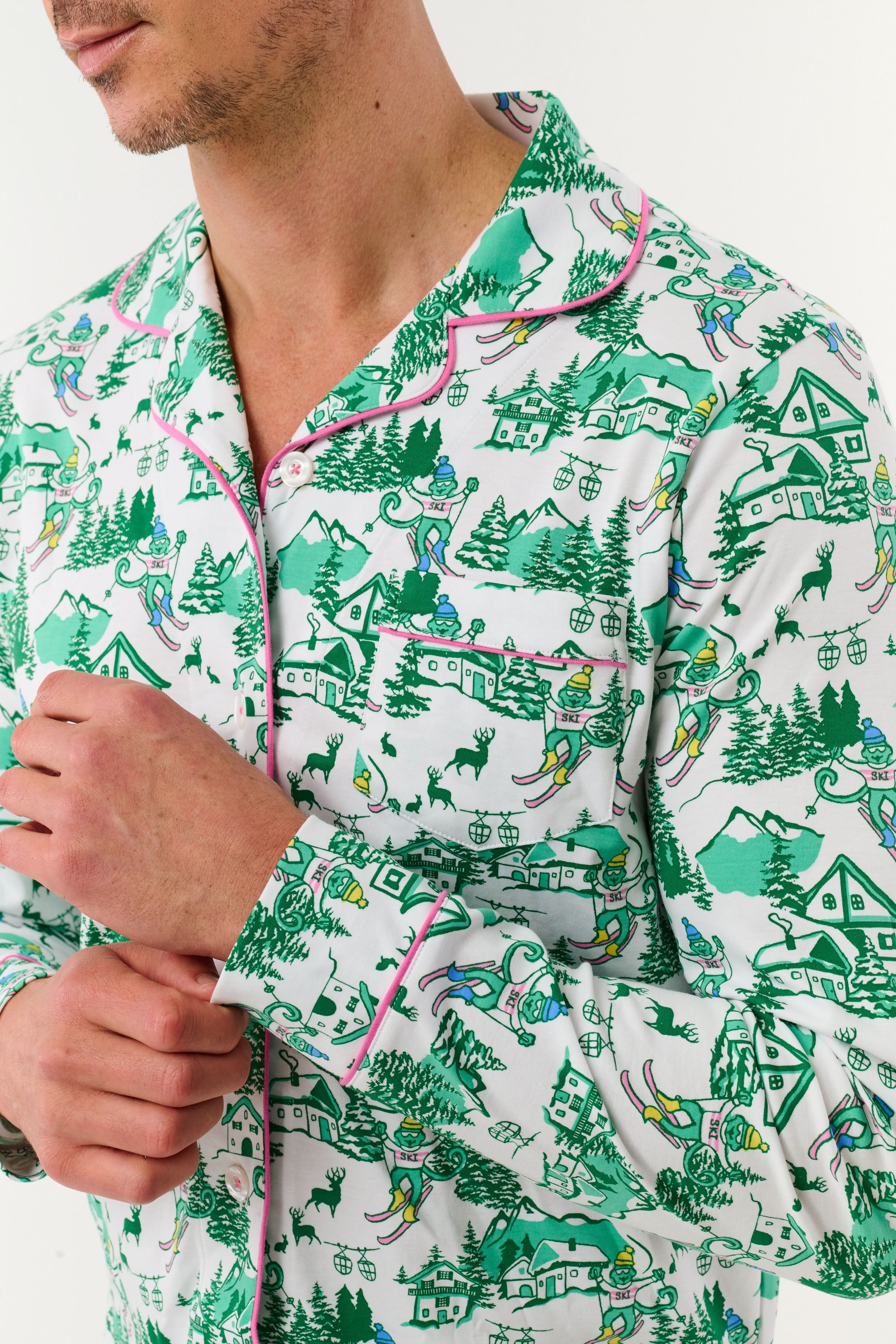 Mens Ski Toile Long Sleeve Polo Pajamas - Image 3